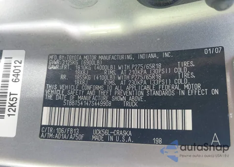 2007 Toyota Tundra Sr5 4.7L V8 z USA, uszkodzony, nr VIN 5TBBT54147S449908